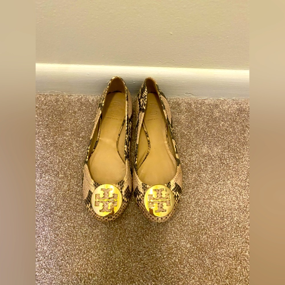 Tory Burch Snakeskin Pattern Flats with Gold Logo